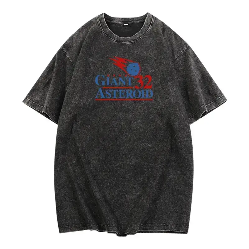 Men's Casual Cotton Vintage Acid-Wash Oversized Heavyweight Short-Sleeve T-Shirt with 32 Giant Asteroid Comet Graphic