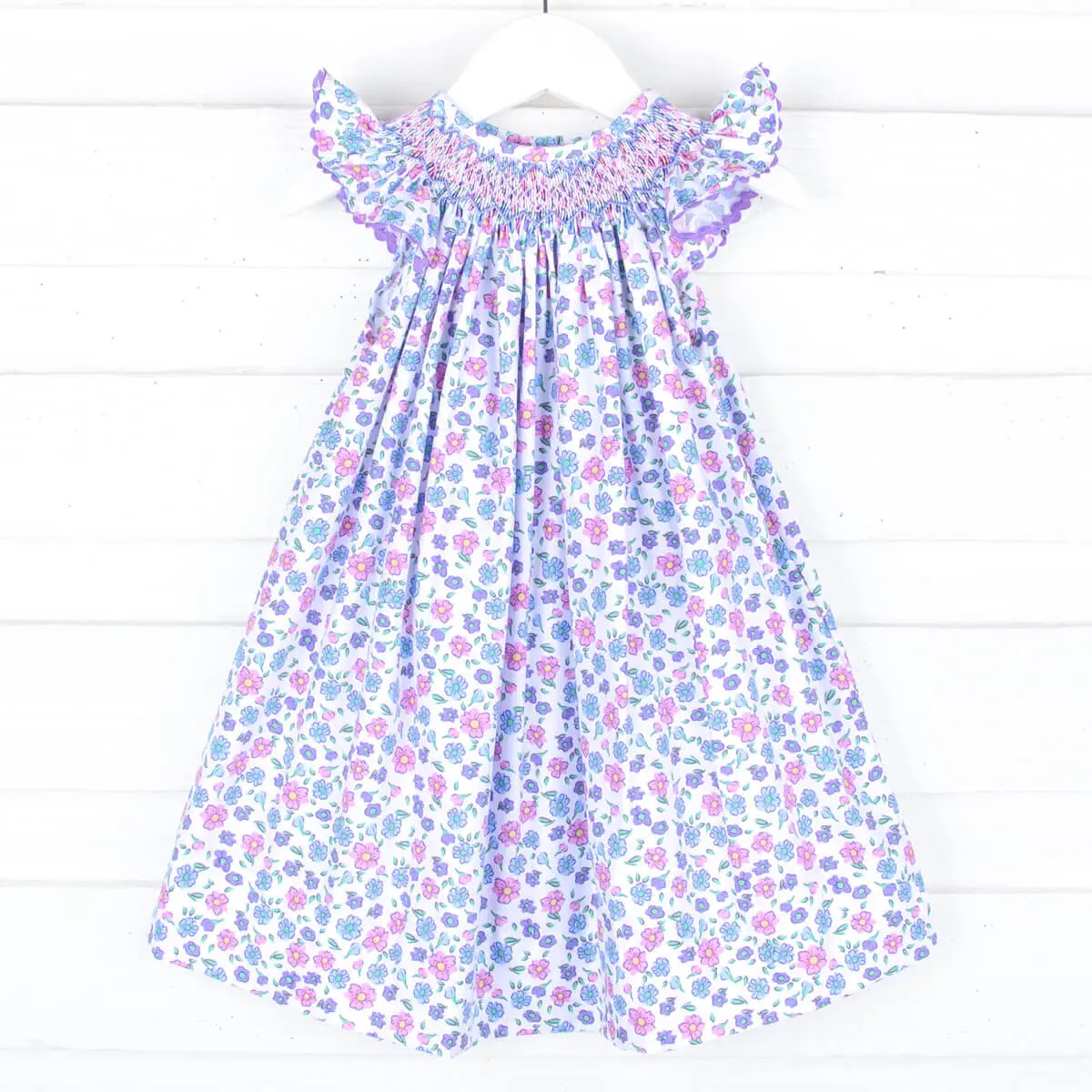 Girls' Floral Smocked Bishop Dress, Flutter Sleeve Spring Easter Outfit for Toddler Girls, Available in 3t & 4t, Floral Print Dress, Casual Wear, Smocked Detail, Girl’s Dress