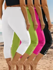 4-Pack Leggings - 7/8 Length with Cute Button Details in White Green Pink and Black Colors for Everyday Wear
