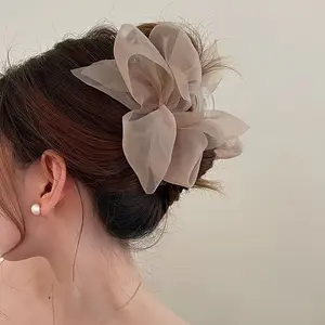 [Lightweight Design] Elegant Large Beige Tulle Bow Hair Claw Clip - Chic Milk Coffee Fairy Design, Sweet & Cute Fabric Butterfly Knot Accessory for Women and Girls, Ideal for Valentine's Day, Bowknot