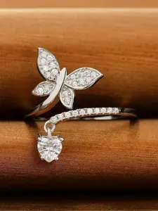 Butterfly Design Artificial Zircon Decorated Ring, Heart Cluster Ring, Fashion Accessories for Women, Trendy All-match & Exquisite Jewelry for Birthday Gift