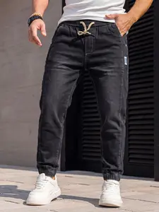 Men's Washed Jeans, Elastic Waist Drawstring, Slim-Fit Button Fly, Breathable Durable Street Style, Casual Sports Everyday Wear