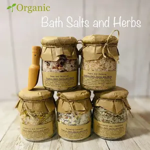 Organic Bath Salts and Herbs, Raw Sea Salts, Himalayan Pink Salts, Epsom Salts, Herbs, Essential Oil, Relaxing Bath Soak, Muscle Relieving, Sinus Soothing, Spa Bath Salts, 7oz,Body Care