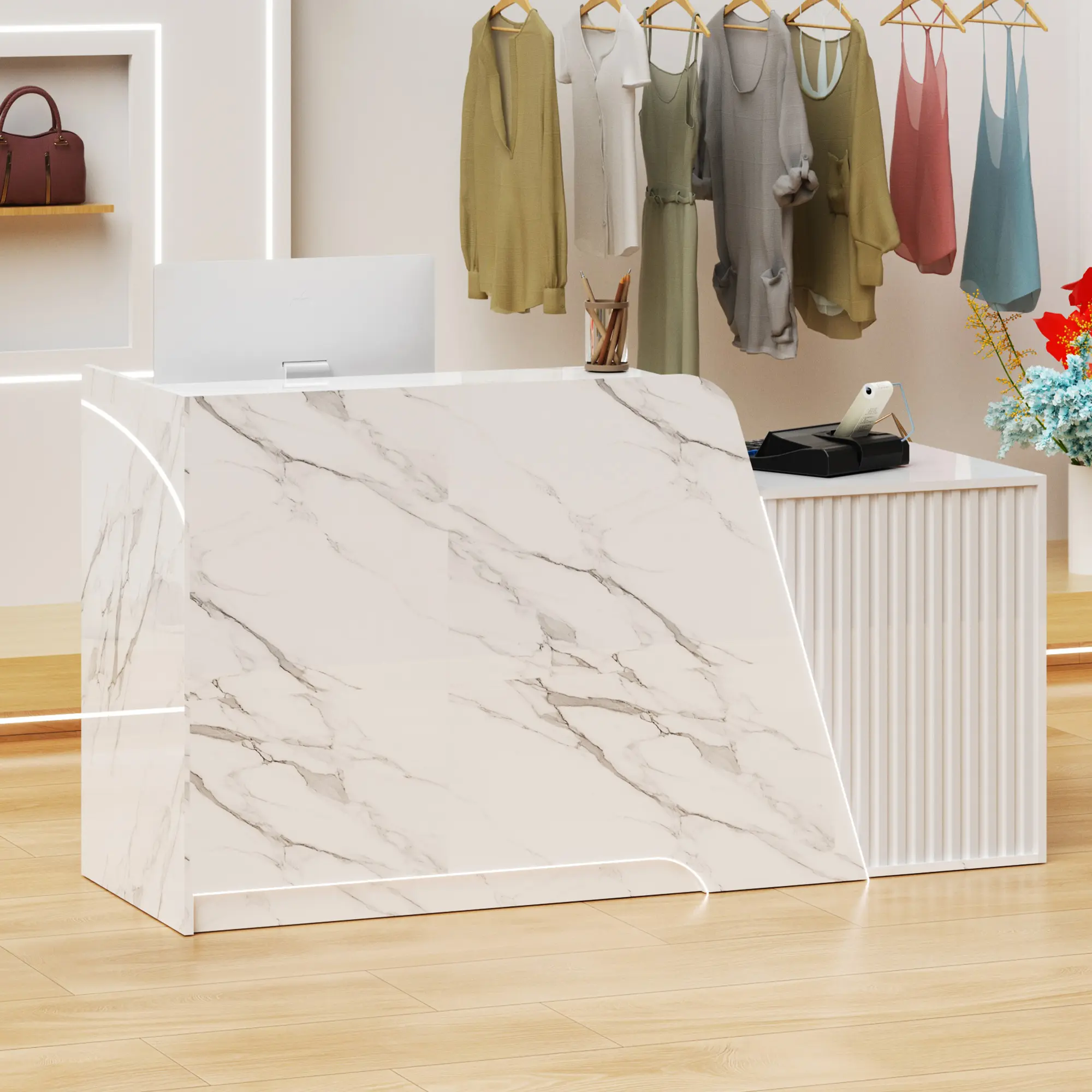 Cash register desk with marble - like pattern, featuring an LED strip, a locking drawer, a storage cabinet, a metal desk grommet, a support plate, a keyboard tray, large storage space, and suitable for store and office scenarios.