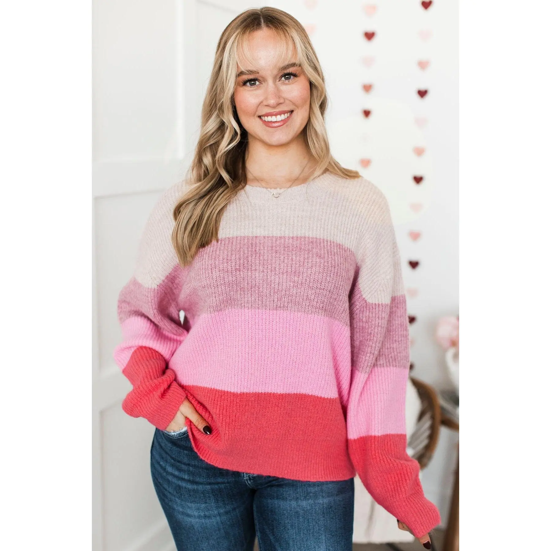 Cozy Memories Color Block Sweater- Natural & Pink