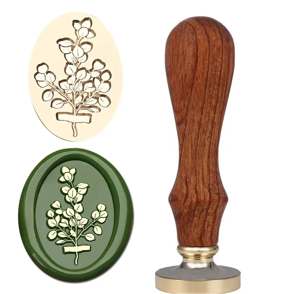 Eucalyptus Wax Seal Stamp Vintage Brass Head with Wood Handle for Wedding Invitation Envelopes & Gift Wrap