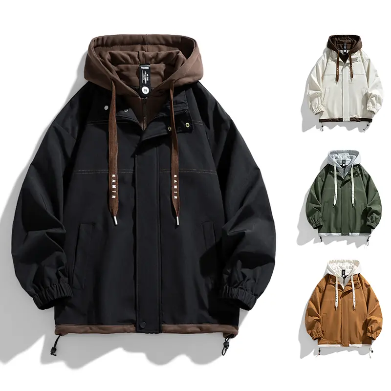 Men’s faux two-piece hooded work jacket with contrasting brown hood, drawstring, zip closure, and buttons; Y2K American street style hip hop fashion outerwear with pockets for everyday outdoor wear in fall/winter outfits