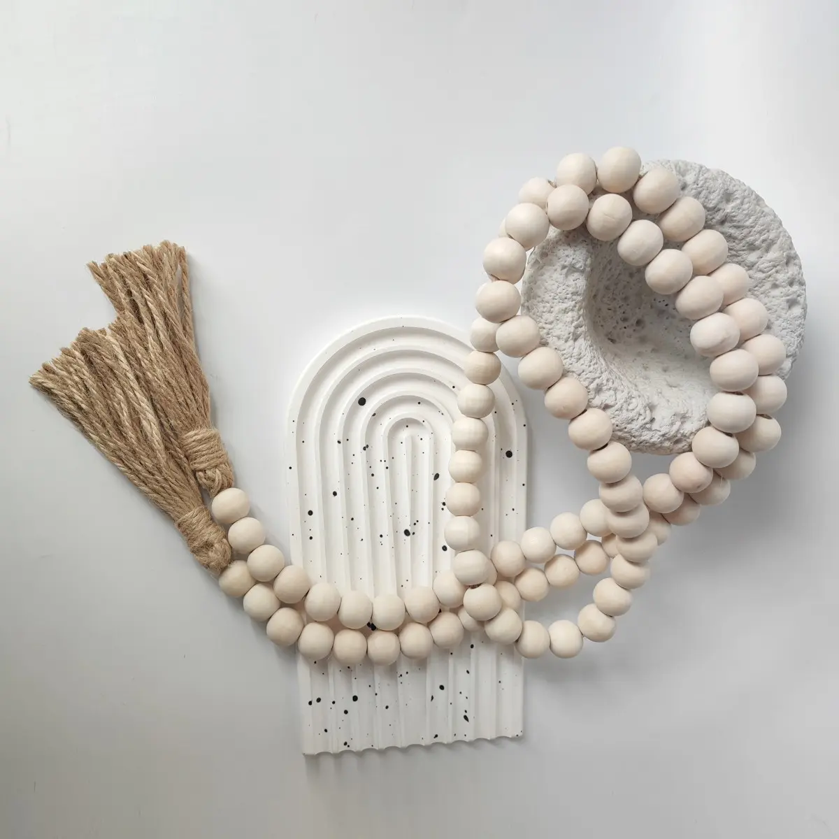 Farmhouse Beads Wood Bead Boho Tassel Garland - Rustic Design Country Boho Chic Decor for Wall, Above Cabinet & Table