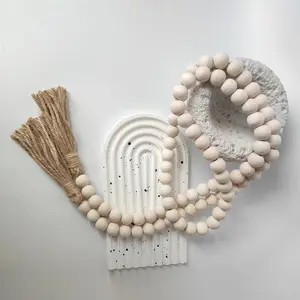 Farmhouse Beads Wood Bead Boho Tassel Garland - Rustic Country Boho Chic Decor for Wall, Above Cabinet & Table