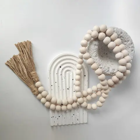 Farmhouse Beads Wood Bead Boho Tassel Garland - Country Boho Chic Decor for Wall, Above Cabinet & Table Home Decor Piece