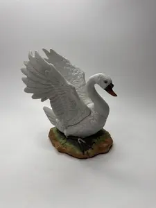 Vintage Porcelain Bisque Swan With Spread Wings Figurine Statue on Green Ground