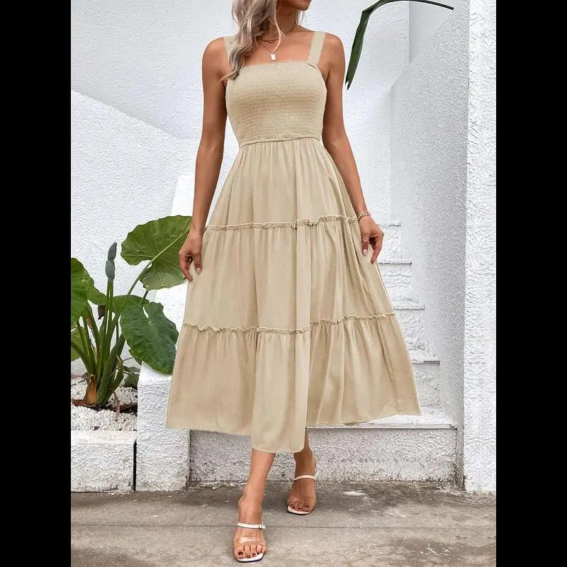 Women's Frill Trim Ruffle Hem Shirred Backless Fitted Sundress Cami Dress, Sleeveless A Line Long Dress, Women's Frill Trim Ruffle Hem Shirred Backless Fitted Sundress Cami Dress, Sleeveless A Line Long Dress,
