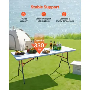 VEVOR Folding Table, 4 Ft Heavy Duty Portable Fold-in-Half Utility Table, Indoor Outdoor Plastic Rectangle Table with Adjustable Height and Built in Handle, for Party, Dining, Picnic, Camping, WhiteVEVOR Super Brand Day