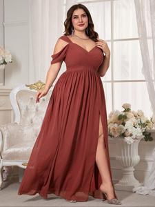 【plus size】 plain cold shoulder split thigh chiffon evening dress, elegant ruched zipper back a line dress for evening party gown, women's clothes for all seasons