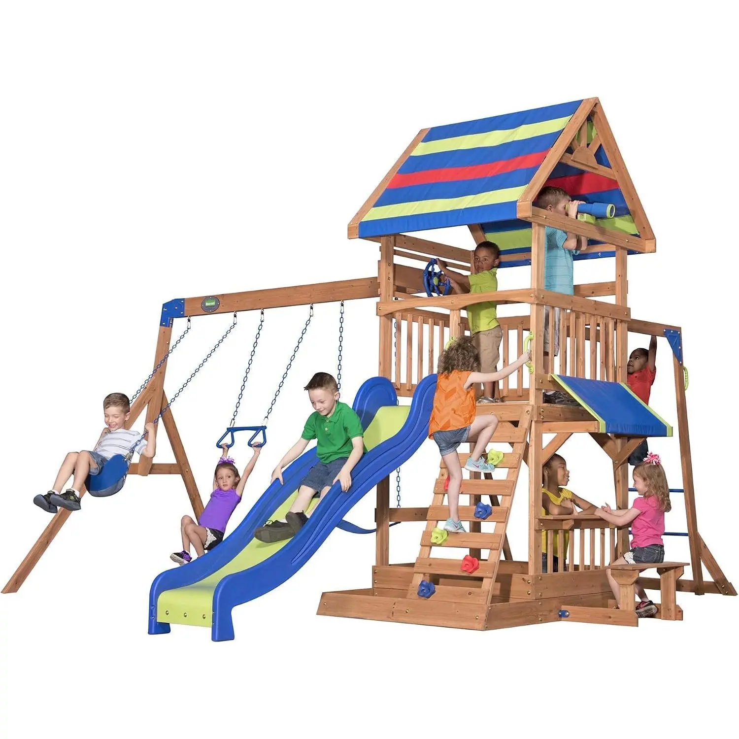 POUITBackyard Discovery Beach Front Cedar Wood Swing Set with Wave Slide, Play Deck, Monkey Bars, Rock Wall Ladder, Shaded Picnic Area, Snack Bar, Belt Swings, Trapeze, Sandbox Area, Outdoor Playset