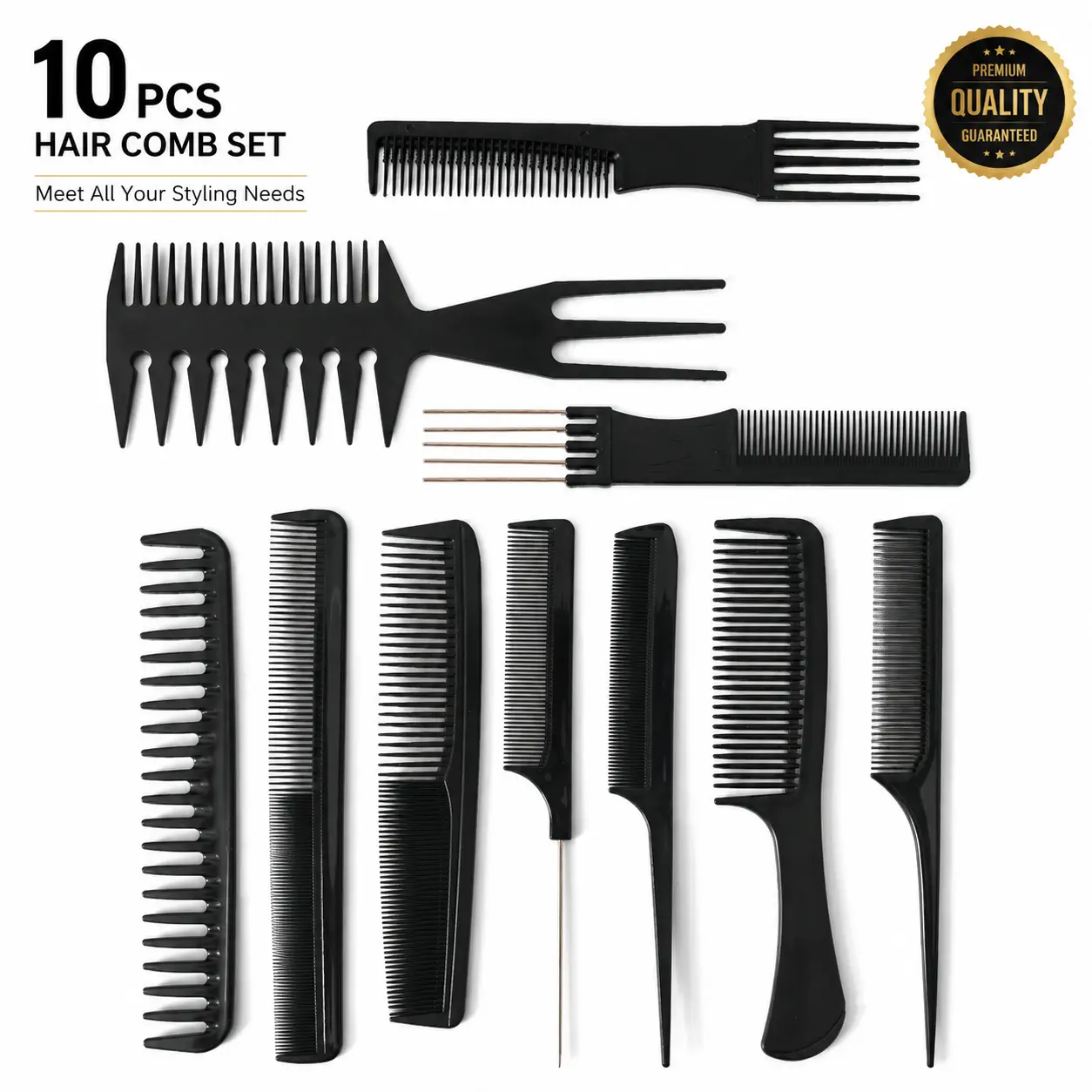 10PCS Black Premium Plastic Bristle Hair Comb Set - Multi-Size Haircare Tool, Detangles Easily, Smooths Hair for Various Styling Needs