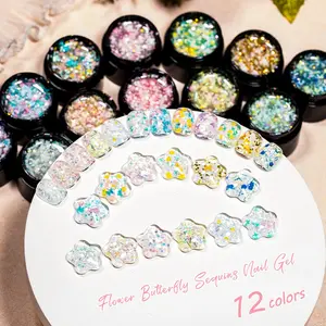 MEET ACROSS 8ml Flower Butterfly Sequins Gel Nail Polish, 12 Colors Glitter Sequins Gel Polish, Ideal DIY Nail Art Manicure Gift for Spring Summer, High Saturation Gloss, Alcohol-Free, Perfect for Salon and Home Manicure