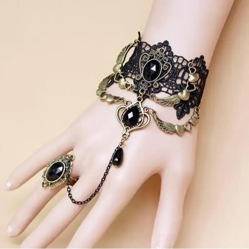 September Laurel  Unisex Vintage Bronze Angel Wing Black Lace Hand Harness Linked Set - Adjustable Ring, Black Rhinestone Gothic Dark Statement Costume Jewelry, Halloween Cosplay Party Accessory