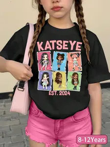 Black Kids Oversized "KATSEYE EST.2024" Cartoon Poker Cute Graphic Tee - 2026 Trending K-Pop Kids Streetwear, Soft Cotton Fabric Perfect for Fan Meetups & Daily Looks