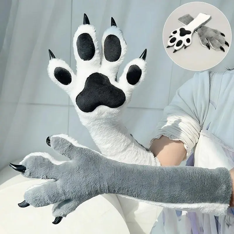 Faux Fur Animal Paw Gloves Claws Pads Cat Bear Fox Wolf Cosplay Mittens for Halloween Comic Con Kigurumi Party Cosplay Costume