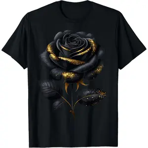 Black Rose with Golden Sparkes T-Shirt        Graphic tees Casual Shortsleeve
