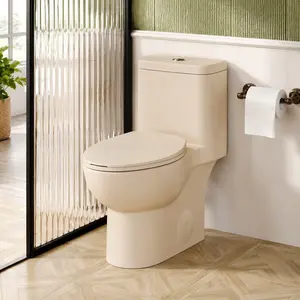 Modern One-Piece Toilet with Comfort Height ADA 17" Seat, Dual Flush 1.1/1.6 GPF, Siphonic S-Trap 12" Rough-In, Rimless Bowl, Soft Close, Khaki Ceramic, WaterSense Certified, Quiet Bathroom Commode, khaki Color Options, Ceramic Tile+Iron Materia