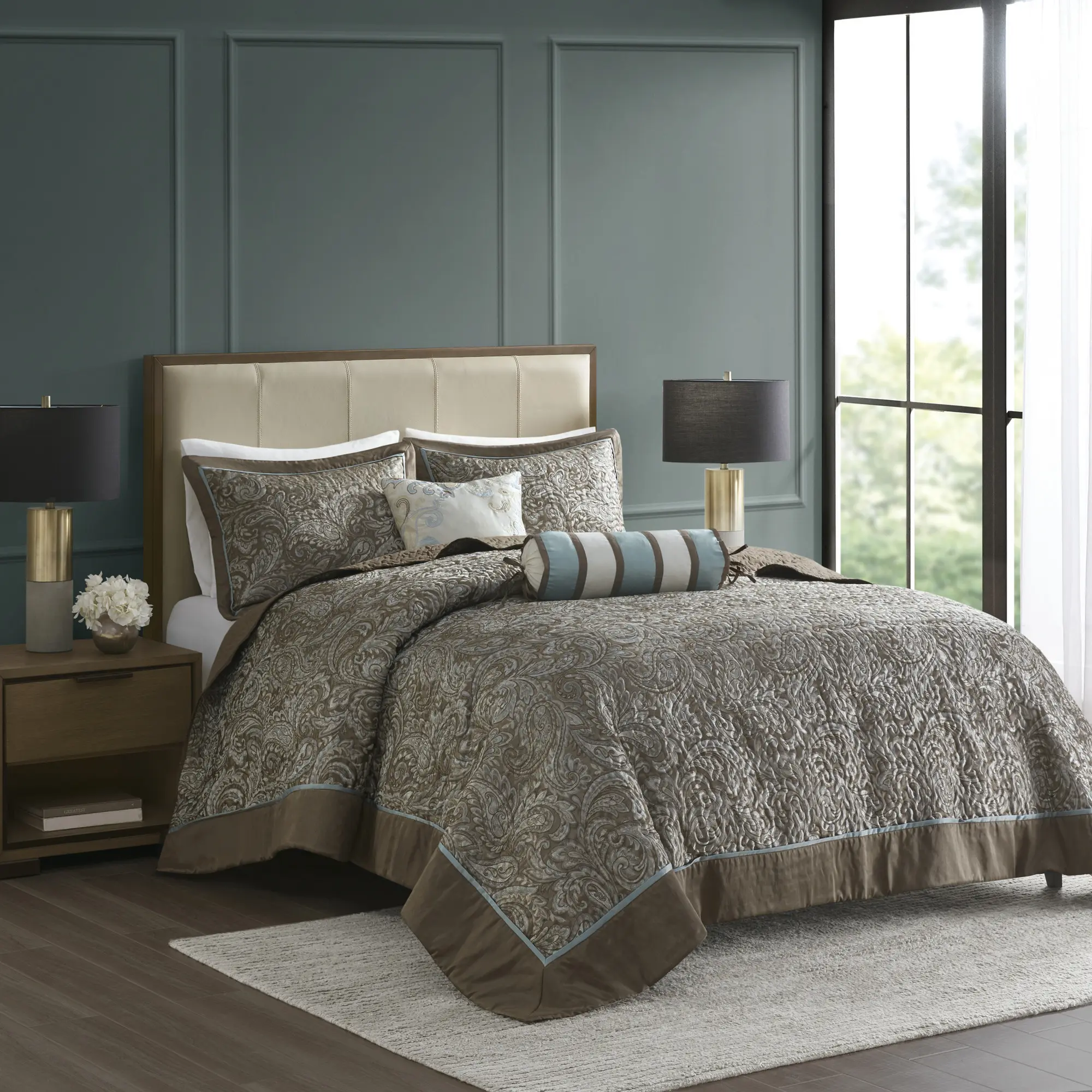 Jacquard Bedspread Set with Throw Pillows, King Size, Blue and Brown Cotton, 5 Pieces