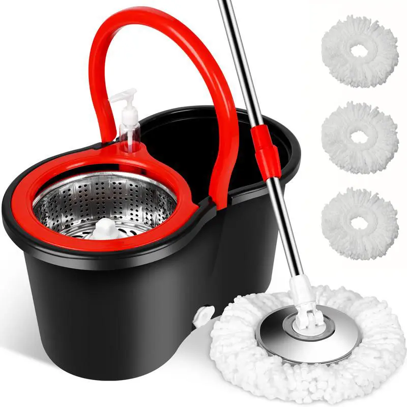 Mop Bucket Set with 360° Spin Mop and Bucket System 3 Microfiber Heads 61In Adjustable Handle，Spinning Mop Bucket with Wringer Set，new mop