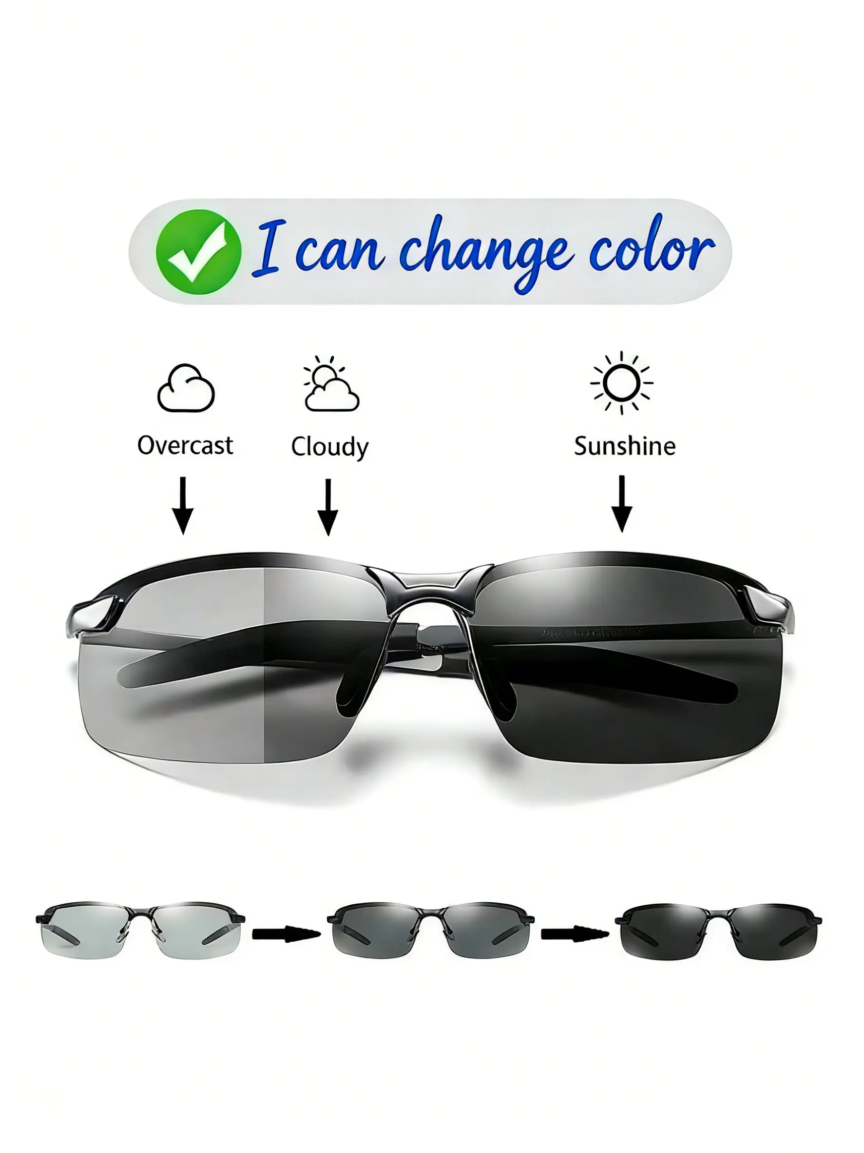 Unisex Full-Rim Rectangular Polycarbonate Sunglasses with UV400 Anti-UV Polarized Photochromic Day-Night Lenses, Ultralight for Outdoor Sports, Driving, Polarized Glare Cut