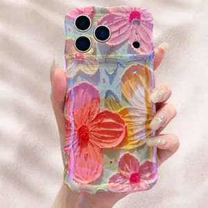 ISEMENA Laser Colorful Retro Oil Painting Flower Pattern for iPhone 17 Pro Max/17 Air 16 15 14 13 Pro Cute Curly Wave Frame Exquisite Phone Case for Girls Women, Shockproof TPU Protective Phone Cover