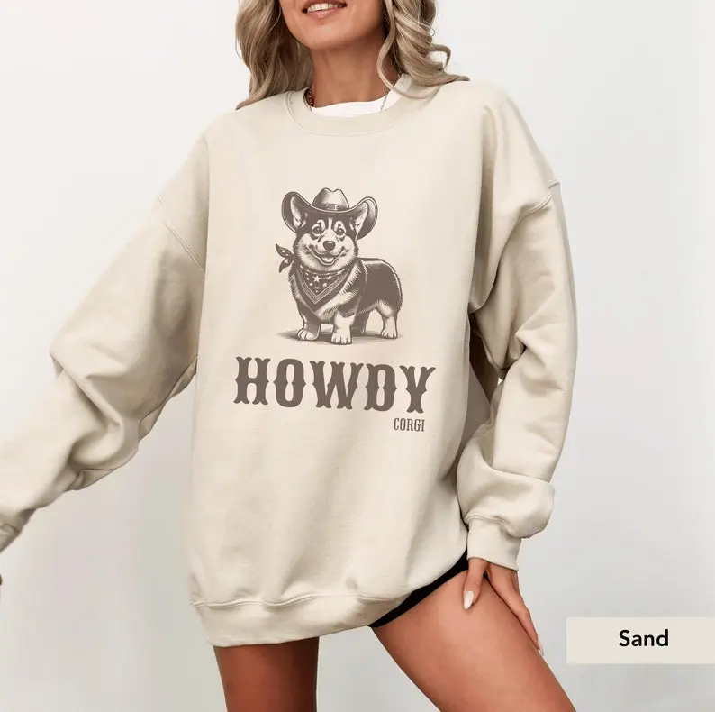 Howdy Corgi Cowboy Sweatshirt, Corgi shirt, Dog Cowboy Shirt, Corgi mom, Corgi lover gift, Dog Western Shirt Casual Tops Vintage Size S-3XL
