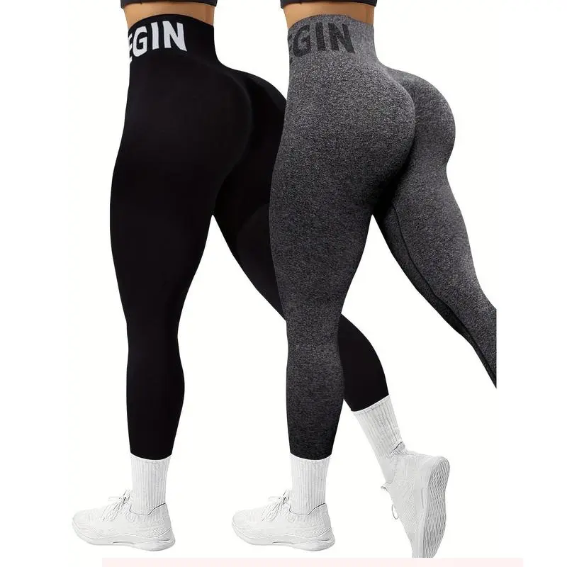 2 Pack Seamless High Waist Sports Leggings, Knit High Stretch Letter Print Yoga  Peng2025