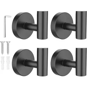 4 Packs Screw-in Matte Black Bathroom Towel Hooks, Wall Mounted Stainless Steel Shower Towel Hooks for Hanging Coats, Drill Hole Installation