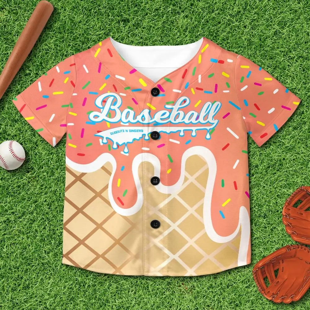 Kids' & Youth Baseball Jersey, Ice Cream Graphic Short Sleeve Top, Relaxed Fit, Wrinkle Resistant Mesh Fabric for Team Uniforms, Short Sleeve Tops, Moisture-Wick, Ice Cream Print, Button Front, Boxed Flatback Mesh Fabric, Sporty Chic, 3T