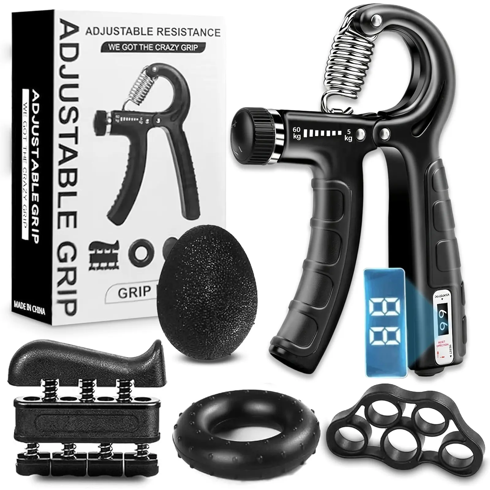 5-in-1 Hand Grip Trainer Set - Black Strength Training Equipment, Ergonomic Adjustable Resistance Grip, Non-slip Rubber Forearm Strengthener for Athletes, Boyfriend Stress Relief & Muscle Building, Workout Hand Grip