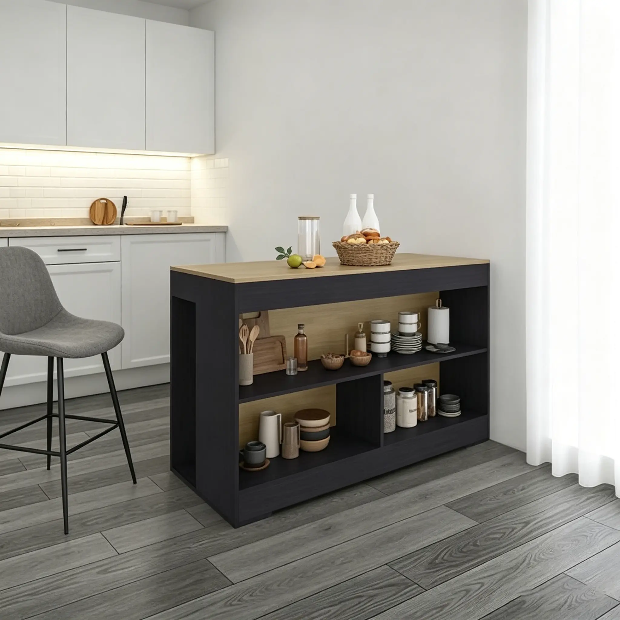 Cuenca Counter Height Dining Table - Dual-Purpose Indoor Freestanding Prep Table with 3 Open Clever Storage Shelves, Ideal for Small Spaces, Small Kitchens, Social Gatherings