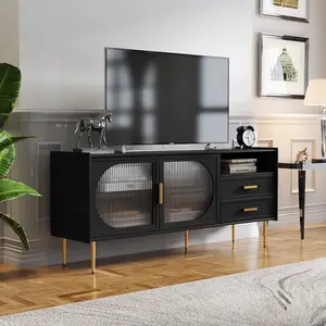 Modern Black TV Stand with Gold Legs and Glass Doors Modern Media Console with 2 Large Drawers for Living Room Bedroom Entertainment Room Home Decor Essential
