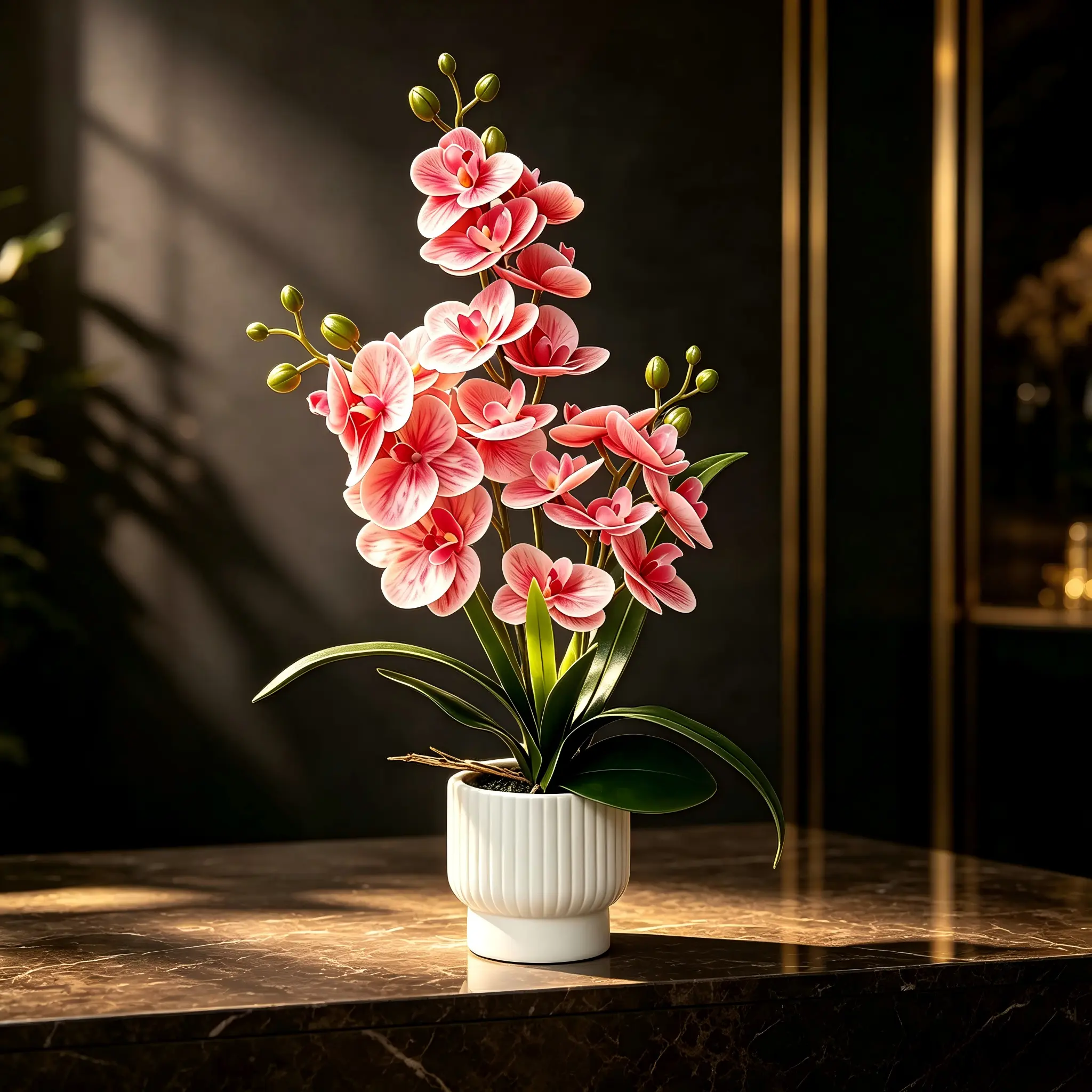 Artificial Pink Phalaenopsis Orchid Plant in Pot, Realistic Faux Pink Orchid Flower Arrangement, UV Resistant Fake Orchid for Home Decor, Wedding, Valentine, Christmas, Bedroom Office Hotel Table Centerpiece, Perfect Housewarming Gift