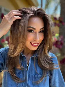 AISOM Jenna Beige Brunette Layered Straight 13x4 Parting Lace Front Wig with Scandinavian Hairline Low Density 20 Inches Heat Friendly Synthetic Wig Daily Use