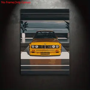 1 piece/set frameless canvas painting print poster,landscape realistic vehicle art,classic yellow performance car BMW E30 M3 evo,perfect gift for vintage car culture enthusiasts,ideal gift for bedroom,living room,dormitory corridor,mural,wall decoration