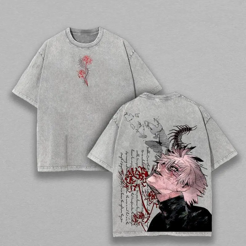 Men's Seamless Shortsleeve Soft Cotton Menswear Casual T-Shirt - Ken Kaneki Tokyo Ghoul Vintage Wash Oversized Unisex Graphic Top, Anime Merch Streetwear Apparel