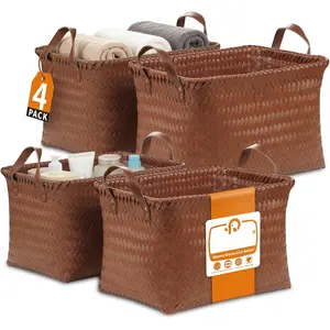 Hand Woven Baskets for Storage, 4 count Water-Resistant Wicker Baskets, Brown Wicker Storage Baskets for Shelves, Large Basket with Handle for Organizing, Clothes, Laundry, Blanket - Rectangular