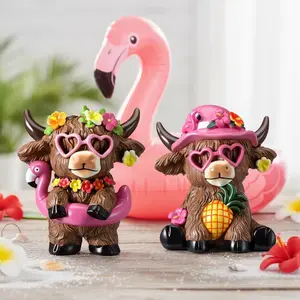Tropical Highland Cow Resin Collectible Figurine, Cute Hawaiian Style Desktop Decoration, Flamingo Pool Ring Pineapple Home Craft, Statues, Sculpture Desk Decor