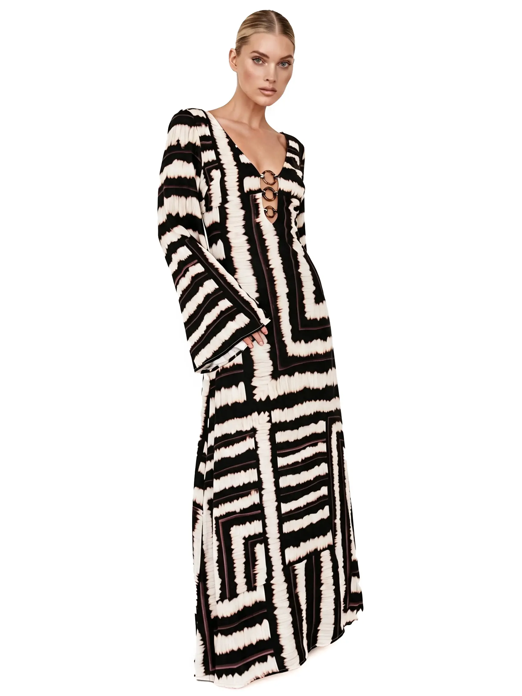 LikeMyChoice 2026 Bohemian Style Unique Printed Maxi Dress | Sexy V-Neck Cutout Tie Ring Long Dress | Euro Summer Vacation Backless Sundress | Viral Boho Chic Festival Dress