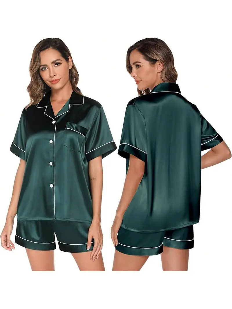 GAESHOW Silk Women Short Sleeve Button Down Sleepwear Loungewear 2 Piece Satin Pj SetsHalloween Christmas New Year - Green