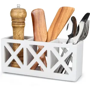 Wooden Cutlery Silverware Holder Flatware Utensil Caddy Wood Silverware Organizer Storage for Countertop Fork Spoon Knives Organizer Small Kitchen Utensil Holder Party White Table Cutlery Caddy
