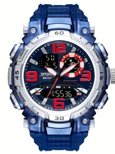 Trendy Youth Multifunctional Outdoor LED Sports Dual Display Watch, Round Analog-Digital Face, Dial, Synthetic Resin Case, Waterproof Multifunctional Watch