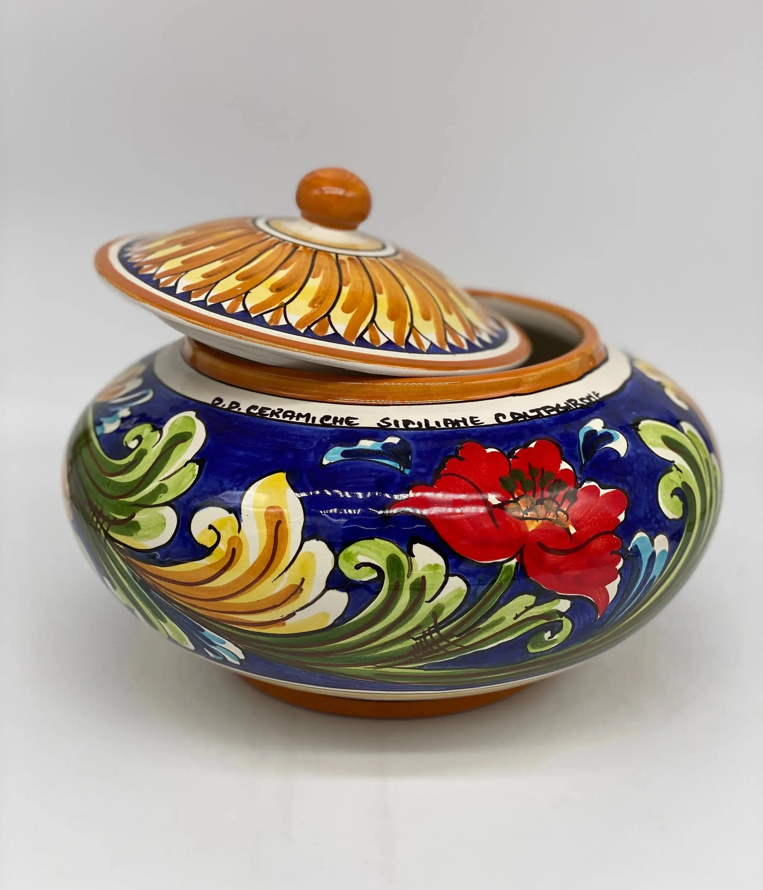 Decorated Biscuit Jar '700 Caltagirone Ceramic Flowers cm H.18 L.24 Handcrafted