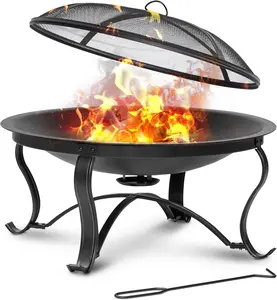 Fire Pit for Outside 30 inch Firepit Outdoor Wood Burning Bonfire Pit Steel Portable Firepits Bowl for Patio Backyard Camping,with Ash Plate,Spark Screen,Log Grate,Poker, Bronze