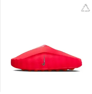 Vibrant Red Thick-Soled Mule Slides, Orange Cushioning Massage Outsole, Perforated Upper, Pre-Game Recovery Tech Slides